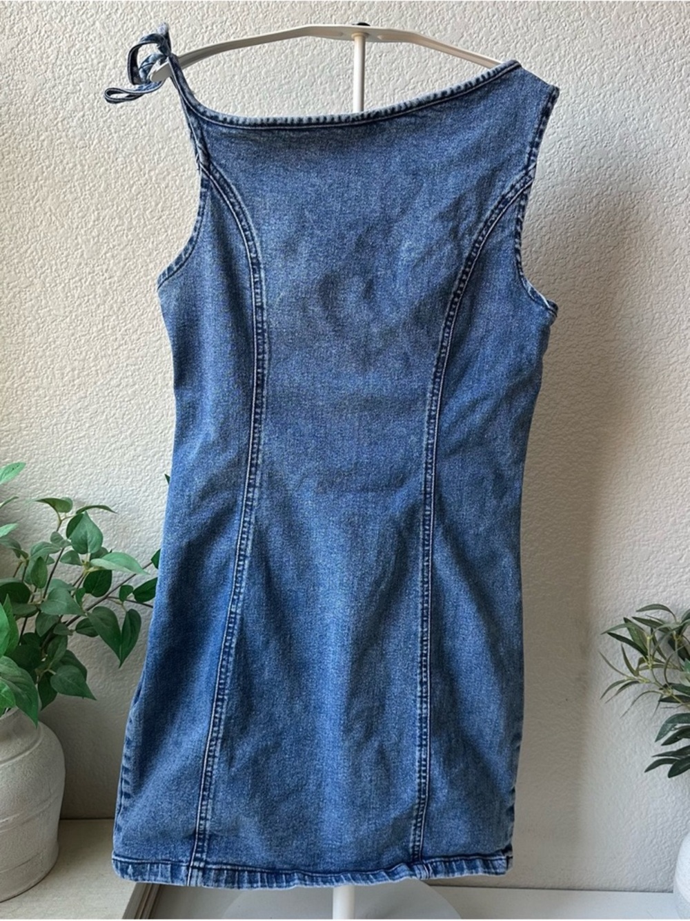 Denim One-Shoulder Mini Dress - Blue